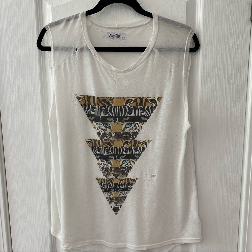Lauren Moshi white tank with animal print eyes triangular graphic